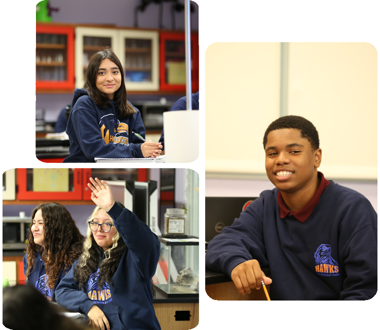 Collage showcasing various student activities including academics, science, and hands-on projects.